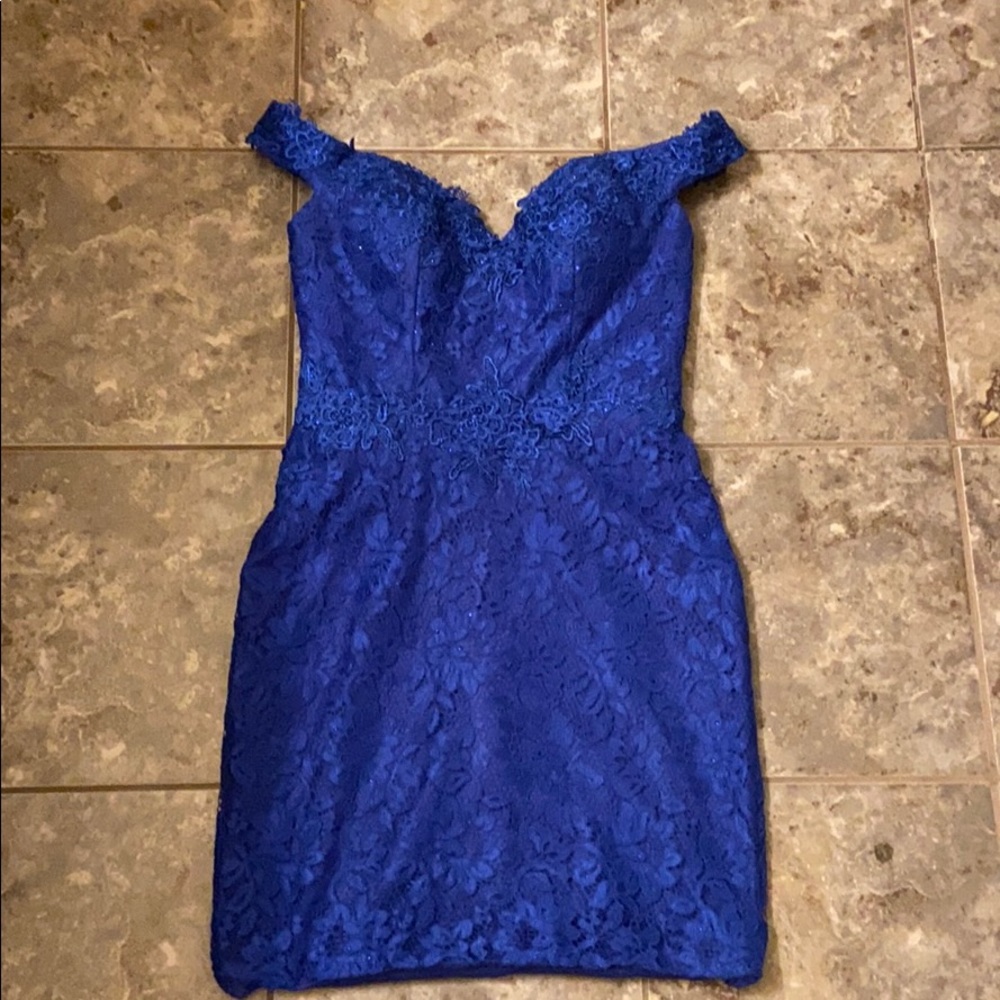 INtrigue royal blue lace off the shoulder dress